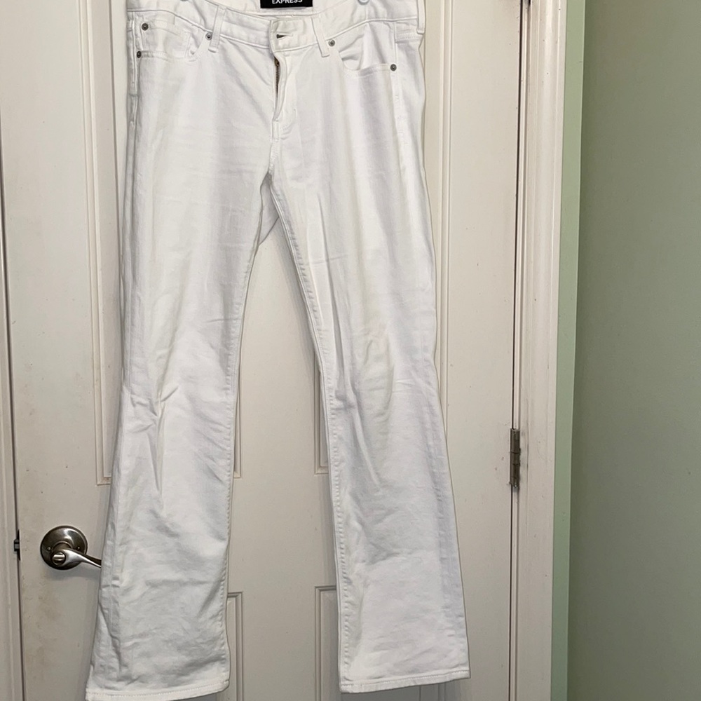 Express Barely boot flare white denim jeans